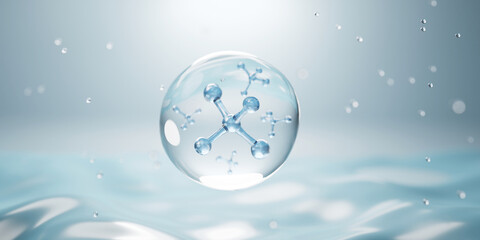molecule inside bubble on blue background, concept skin care cosmetics solution. 3d rendering. - obrazy, fototapety, plakaty
