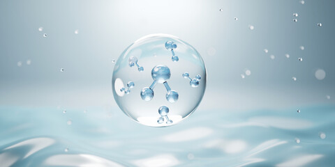 Obraz na płótnie Canvas molecule inside bubble on blue background, concept skin care cosmetics solution. 3d rendering.
