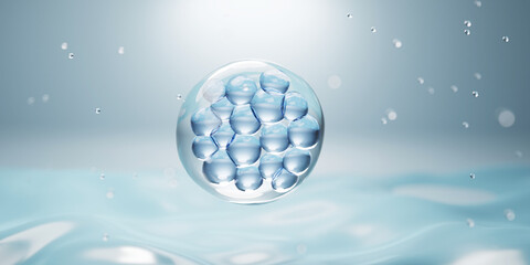 molecule inside bubble on blue background, concept skin care cosmetics solution. 3d rendering.
