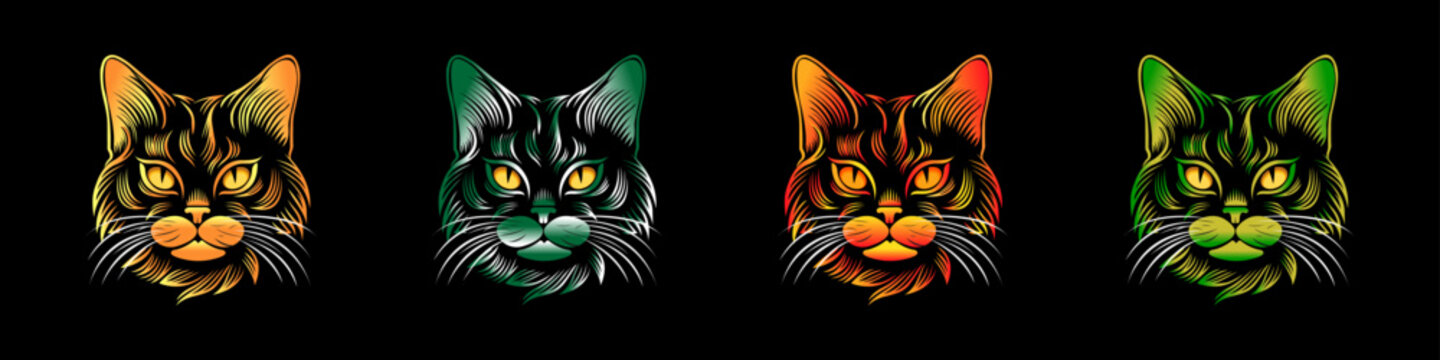 Cat logo set. The cat head. Fluffy pet. Sticker, label or logo. Lovely kitty. Vector
