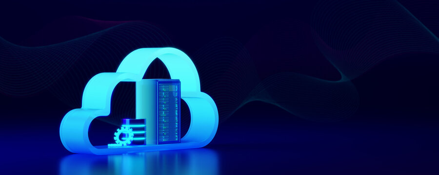 3D cloud server digital technology on blue background. Cloud storage or cloud computing concept, data storage online network, database server. 3D rendering.