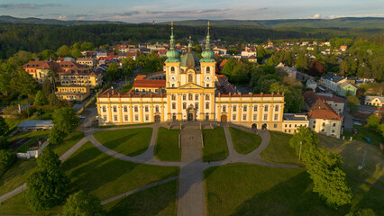 Aerial view of Virgin Mary's basilica during sunset. Photographed in Svatý Kopeček town near...