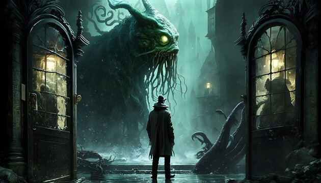 Person standing in front of cthulhu tentacle monster in the style of lovecraft horror.