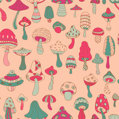 Very bright seamless pattern of colored large mushrooms. Bright mushrooms. A lot of mushrooms. Fabric, wallpaper. Vector illustration.