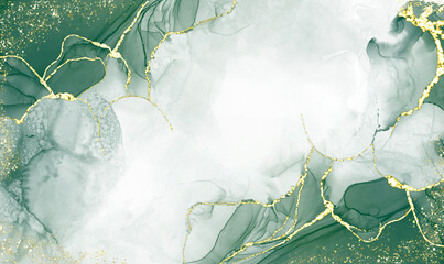 Fototapeta premium Green alcohol ink, beautiful abstract ink flow art mixed with gold pattern or gold leaf with translucent background. Illustration with a translucent background.