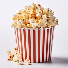Popcorn in a striped box on a white background close-up. Created with Generative AI tools