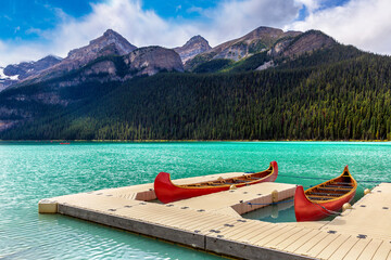 Canoes on Lake Louise, Banff