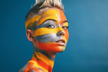 Fashion portrait, of a woman with very colorful and delusional makeup, colored clothes to match the background. Ai generated.