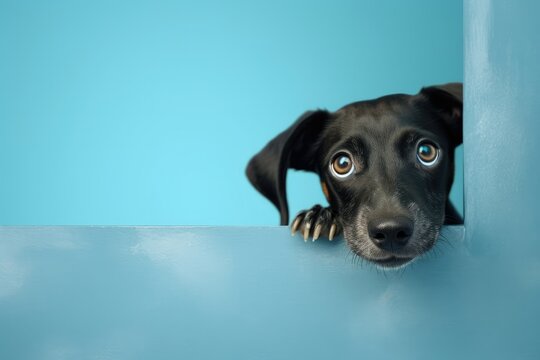Frightened dog peeks out from behind a corner on a blue background, with copy space. Generative AI