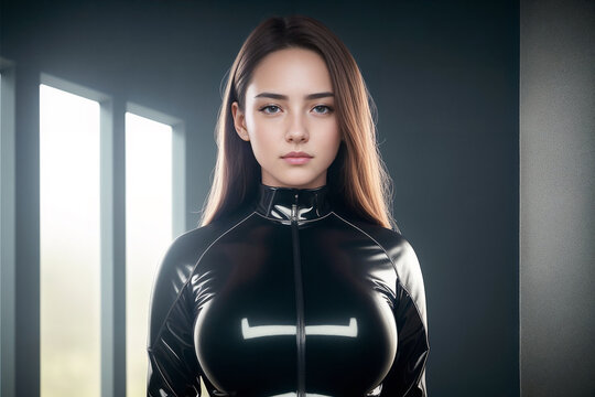 Beautiful sexy brunette in a black latex suit. Generative AI