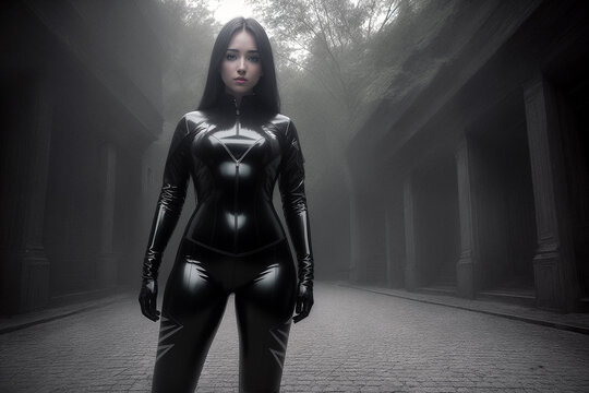Beautiful sexy brunette in a black latex suit. Generative AI