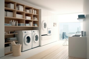 Home laundry room furniture with modern washing machine in minimalist style. Generative AI