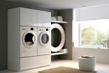 Home laundry room furniture with modern washing machine in minimalist style. Generative AI