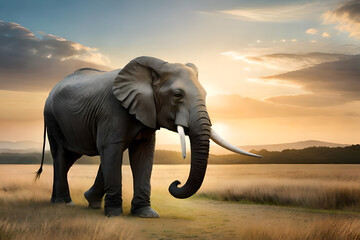Fototapeta na wymiar Elephant in the wild in a field, the sky in the background. Generative AI