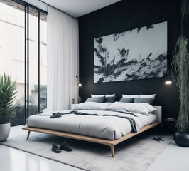 Modern Dark Clean Fresh Art Bedroom Interior Small Space, Natural Color Big Window Green Plant Generative Ai
