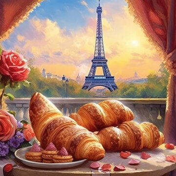 Parisian scene features delightful croissants and Eiffel Tower. (Generative AI)