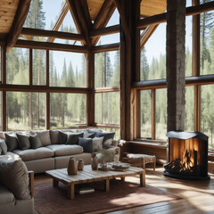 Obraz premium Realistic Modern Luxury High Ceiling Cabin Living Room Interior Wooden Floor With Big Windows Natural Sun Light Wall Library, Stone Fireplace Mountain Forest Scene Generative Ai
