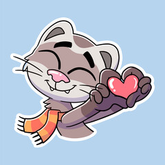 Sticker of cute cat smiling face, reaching forward with fingers forming LOVE wearing a scarf