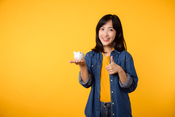 portrait cheerful young asian woman wearing yellow t-shirt denim shirt with happy smile holding...