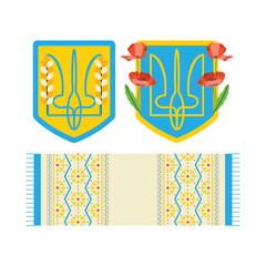 Coat of arms of Ukraine and towel with embroidery. Ukrainian symbols.