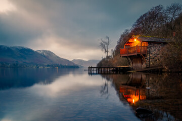 Duke of Portland Boathouse, Ullswater at Winter Dawn, Lake District Mountain Landscape