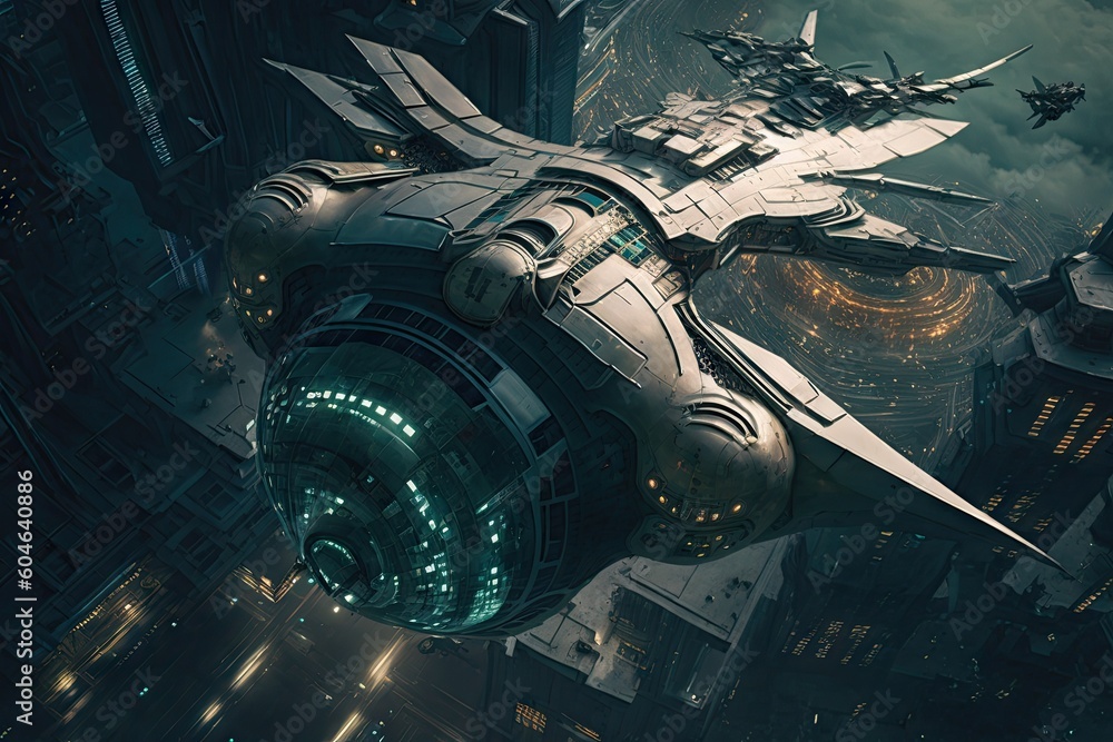 Wall mural cyber punk spaceship seen from above. glorious generative ai.