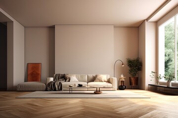 AI generated wide angle of luxury and contemporary japandi living room interior decor, no people