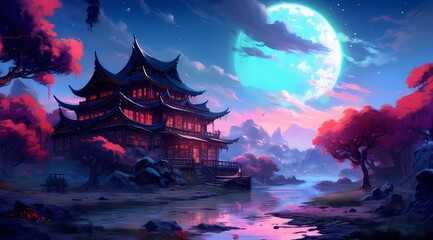 Obraz premium A painting of a japanese house beautifull generated ai
