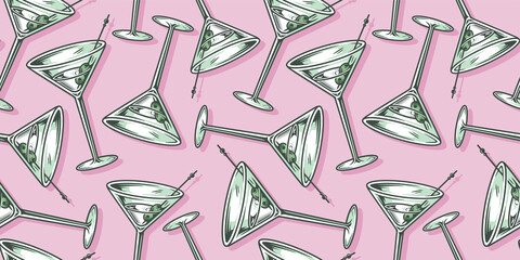 Seamless pattern wallpaper of cocktail with martini for bar alcohol menu design - obrazy, fototapety, plakaty