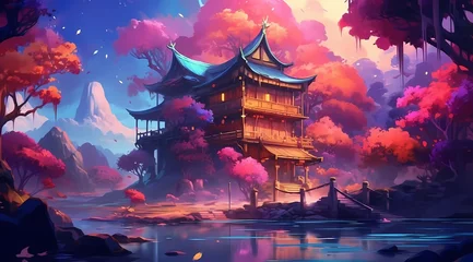 Rolgordijnen A painting of a japanese house beautifull generated ai © Rizzz