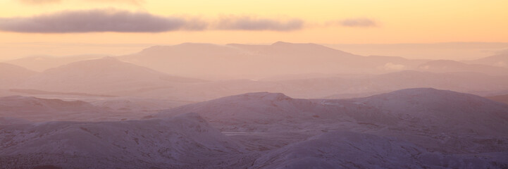 Panoramic Winter Sunrise from Glyder Fach, Eryri Snowdonia Mountain Landscape