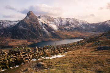Tryfan and the Glyders, Stone Wall Style Ogwen Valley, Snowdonia Mountain Landscape