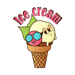 Melting scoops of ice cream in a waffle cone isolated on a white background. A vector flat outline icon. Comic character in cartoon style illustration for t-shirt design