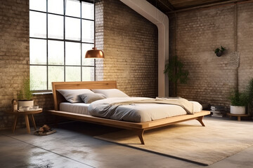 Eco-friendly wooden bed frame with clean lines and a serene atmosphere