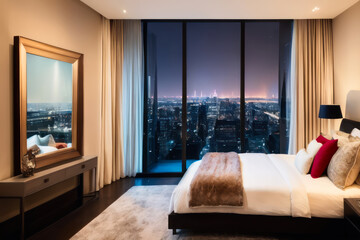 Interior design of modern bedroom overlooking background night light from skyscrapers. Generative AI