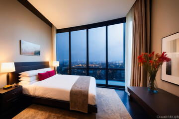 Interior design of modern bedroom overlooking background night light from skyscrapers. Generative AI