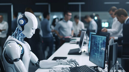 machine AI bot working with people in the office and production for industrial revolution and automation manufacturing process. humanoid AI robots, unemployment. Generative AI, illustration