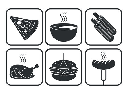 Gorące posiłki - piktogramy. Jedzenie, oznakowanie dla baru, restauracji. Pizza, gorąca zupa, hot dog, kurczak z rożna, hamburger, grillowana kiełbasa. Grill, pizzeria, smażalnia, fast food.