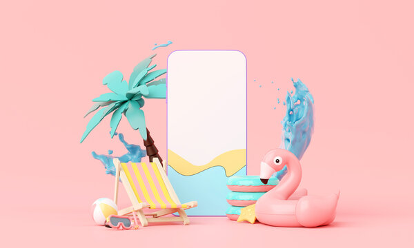 Minimal Summer pink vacation beach with cute elements Flamingo inflatable ring, smartphone, and other background concept, Display for Product mock-up or Cosmetics with summer pink theme. 3d rendering