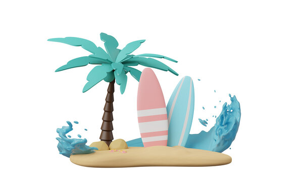 Summer pink vacation beach with Minimal Surfboard, island, s background concept, Realistic Display for Product mock-up or Cosmetics with summer pink theme. minimal cute design. 3d rendering