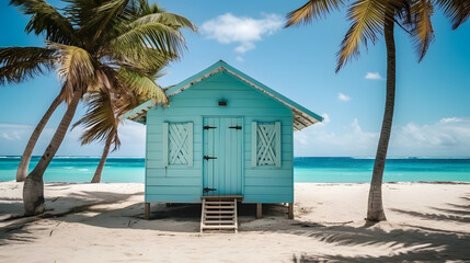 beautiful wooden hut on a caribbean beach with turquoise water and palm trees