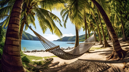 beautiful hammock on a caribbean beach with turquoise water and palm trees - obrazy, fototapety, plakaty