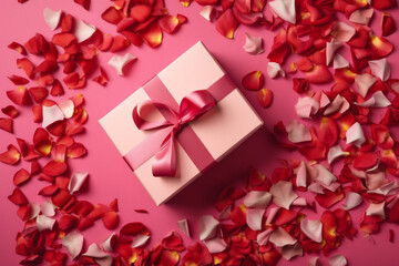 Gift box with red ribbons and surrounded by petals on a pink background, Generative AI