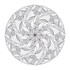 hand drawn doodle mandala with leaf. Ethnic mandala with black line ornament. Isolated. Illustration on doodle style. monochrome line for tattoo. Coloring book Mandala for inside.