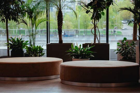 Waiting area with round sofa. Modern brown soft fabric furniture in public place. Seating area in terminal lobby