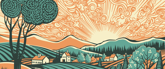 Rolling hills, fields and farm or vineyards background illustration. Forests and mountains in the background. In a vintage retro woodcut or lino print or linoleum cut style