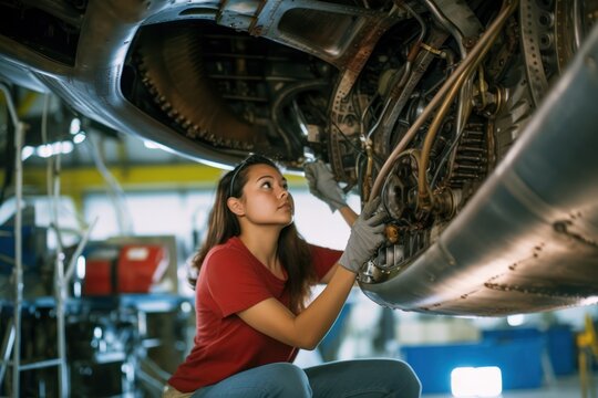 A proud and confident female aerospace engineer works on an aircraft, displaying expertise in technology and electronics. Image captures a candid moment in aviation industry, generative ai