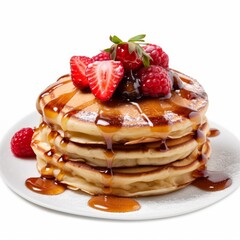 A delicious pancakes with fruit and maple syrup isolated on white background. Generative AI.
