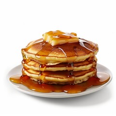 A delicious pancakes with maple syrup isolated on white background. Generative AI.
