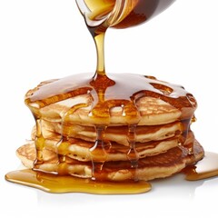 A delicious pancakes with maple syrup isolated on white background. Generative AI.